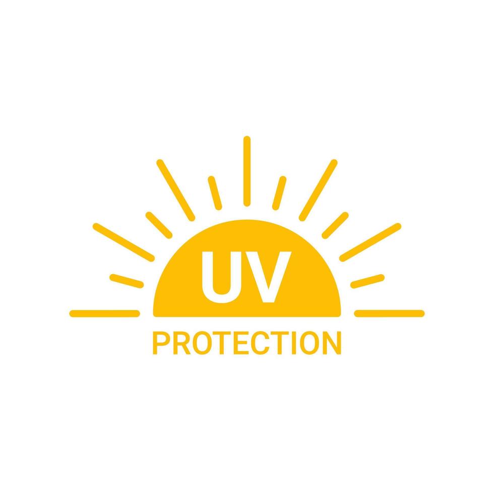 Yellow sun with inscription uv protection icon, sunblock from sunshine and solar burn. Circle full sun and sunlight. Hot solar energy for tan. Vector sign
