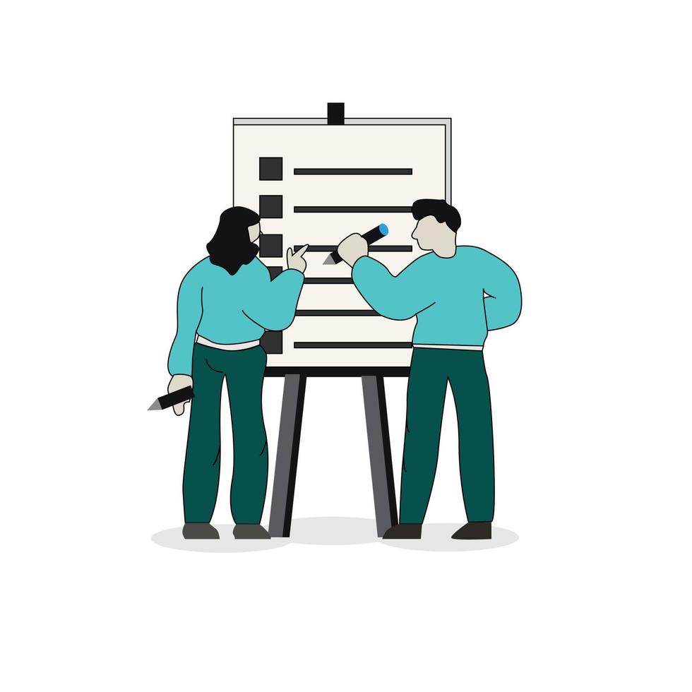 A Vector illustration of a presentation in front of a whiteboard. 2 people doing explanations to clients about their products.