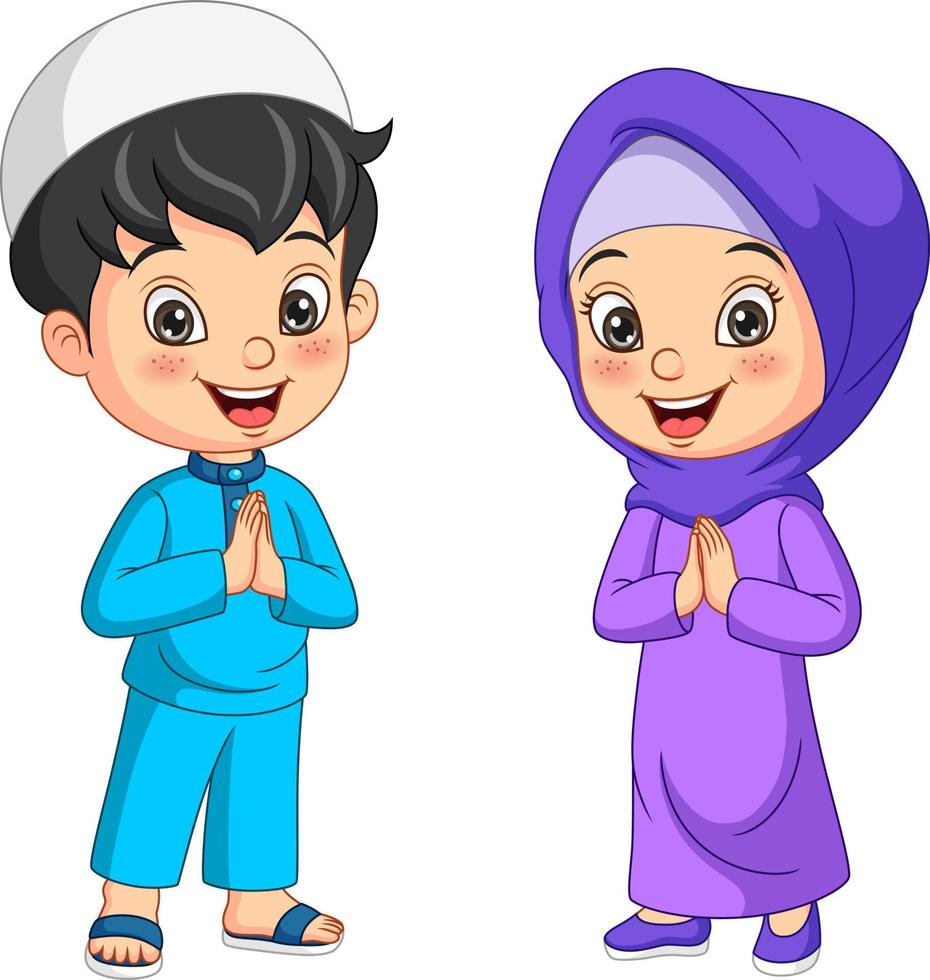 Cartoon muslim kid greeting salaam vector