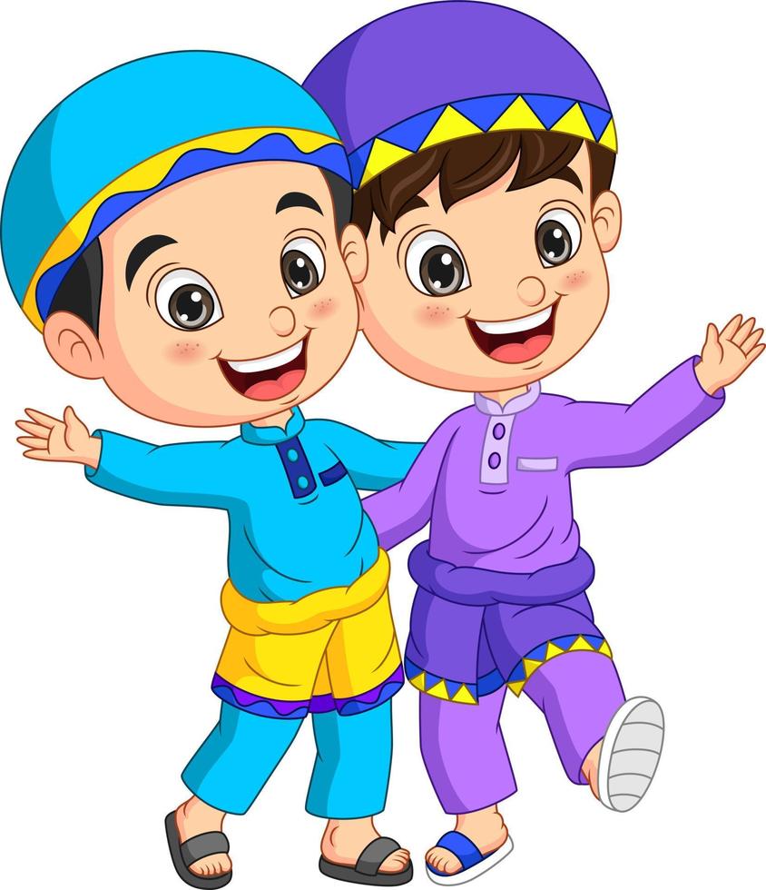 Two happy muslim boy cartoon waving hand vector