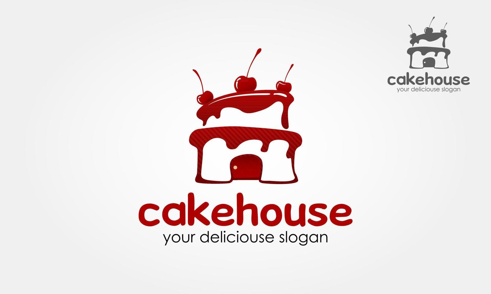 Cake house Logo Template. This sign is a cute sign that consists of cake icon, decorative design elements and delicious slogan. vector