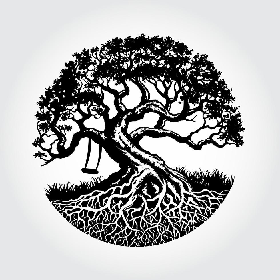 raíz de la ilustración del vector del árbol con el columpio debajo del árbol, este logotipo simboliza una protección, paz, tranquilidad, crecimiento y cuidado.