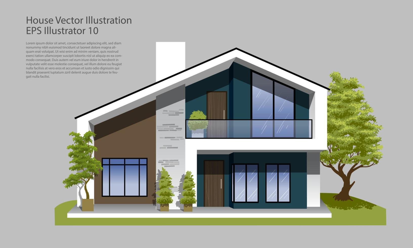 ilustración vectorial de propiedad. acogedora residencia familiar, casa con garaje, balcón y árboles. vector
