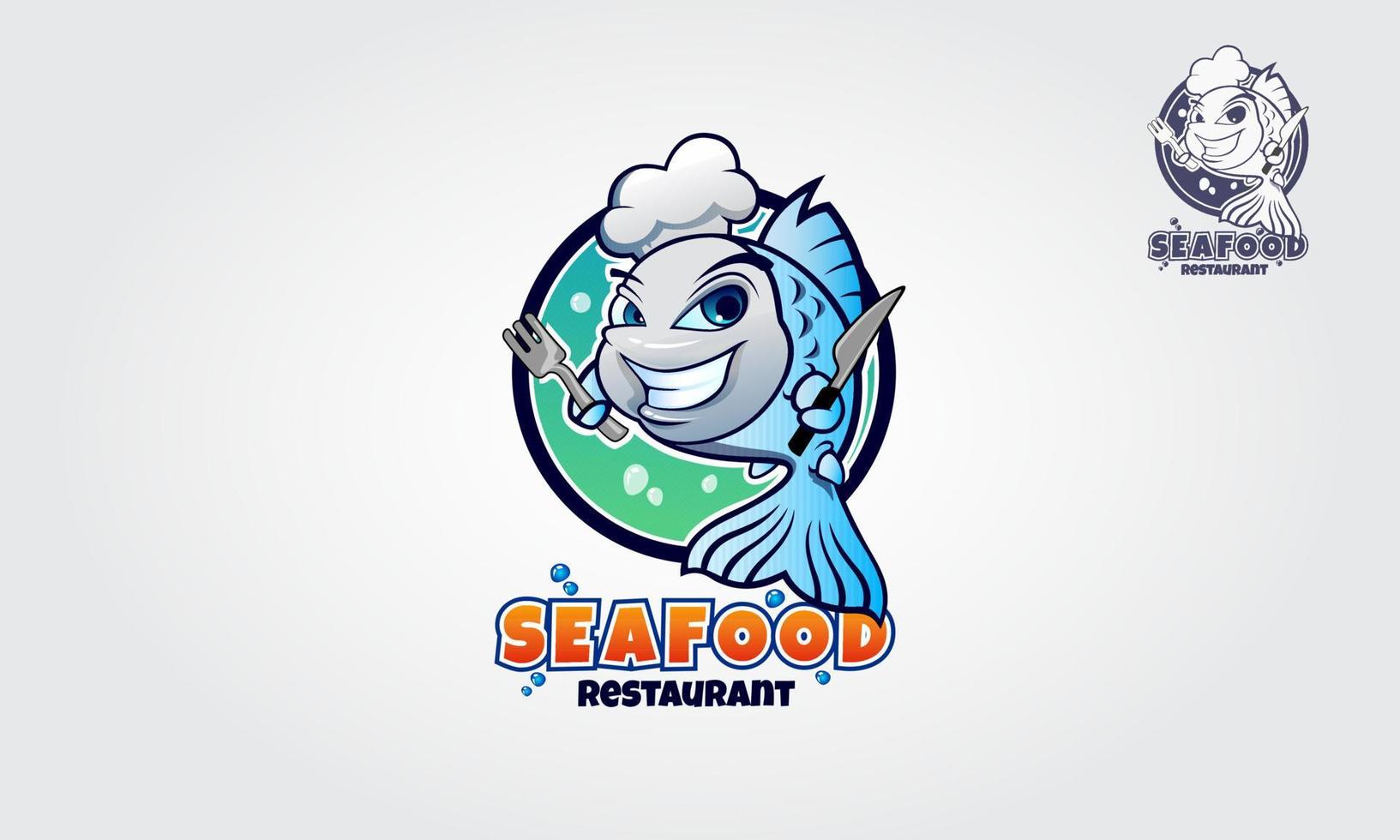 Seafood Restaurant Logo Cartoon Character. Vector funny blue fish with a chef's hat. An excellent logo template highly suitable for food company, restaurant, seafood and catering businesses