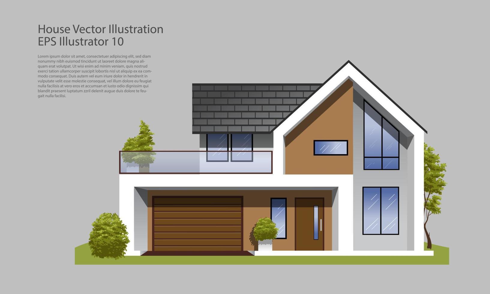 Modern House Vector Illustration. Cozy family residence, house with garage, balcony and trees.