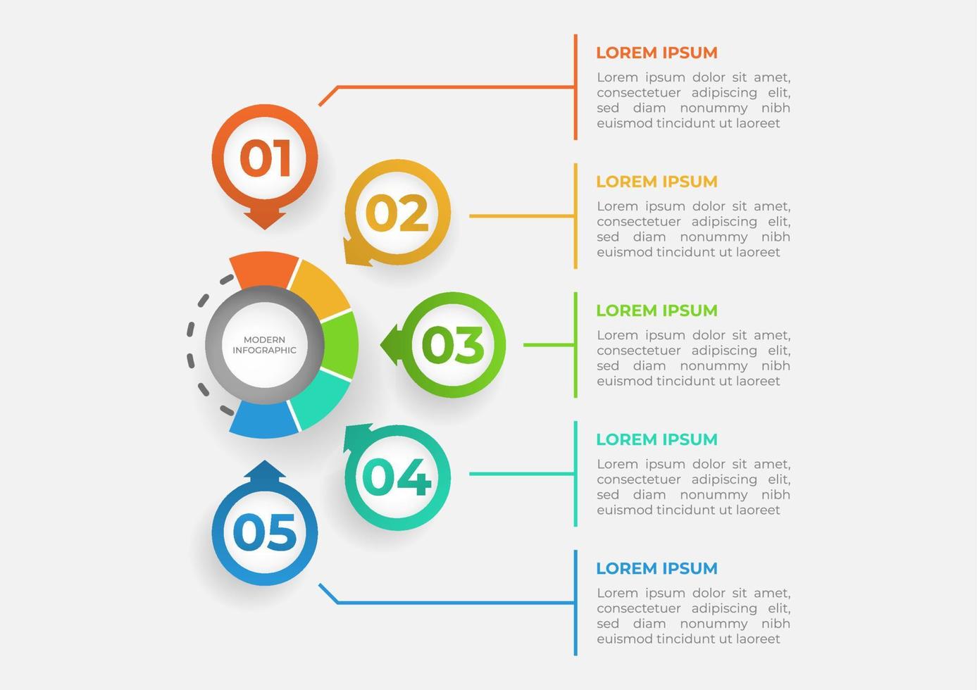 Modern infographics template. Presentation business infographic with 5 sections. Vector design for brochure, diagram, schedule, workflow, web design, annual report.