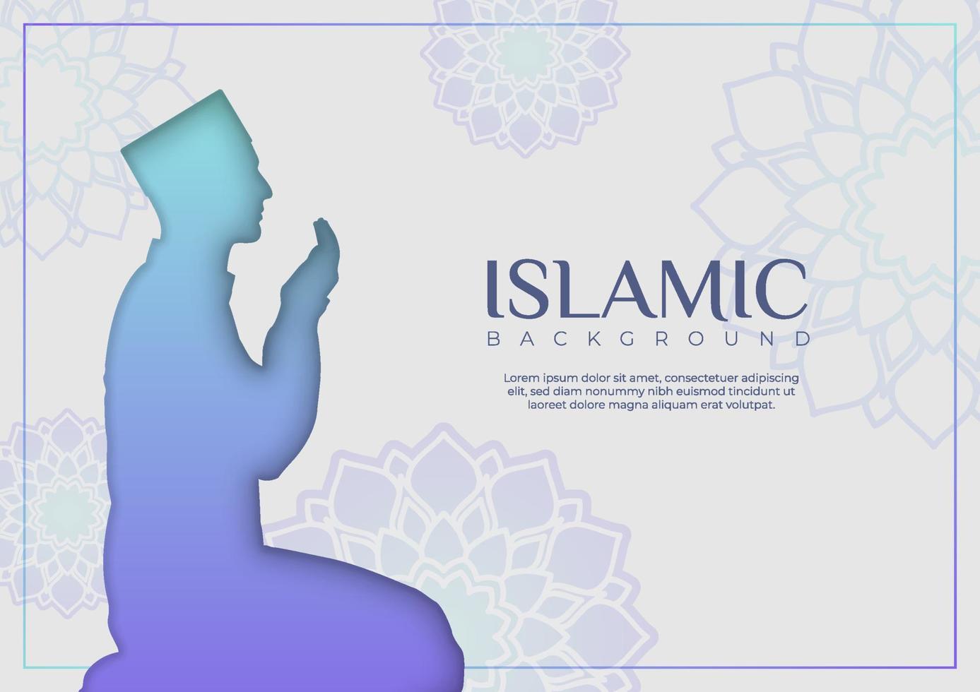 Islamic greeting card background and flower decoration with a man praying. Simple and minimalist Eid al Fitr banner illustration with beautiful mandala flower for Islamic celebration templates. vector