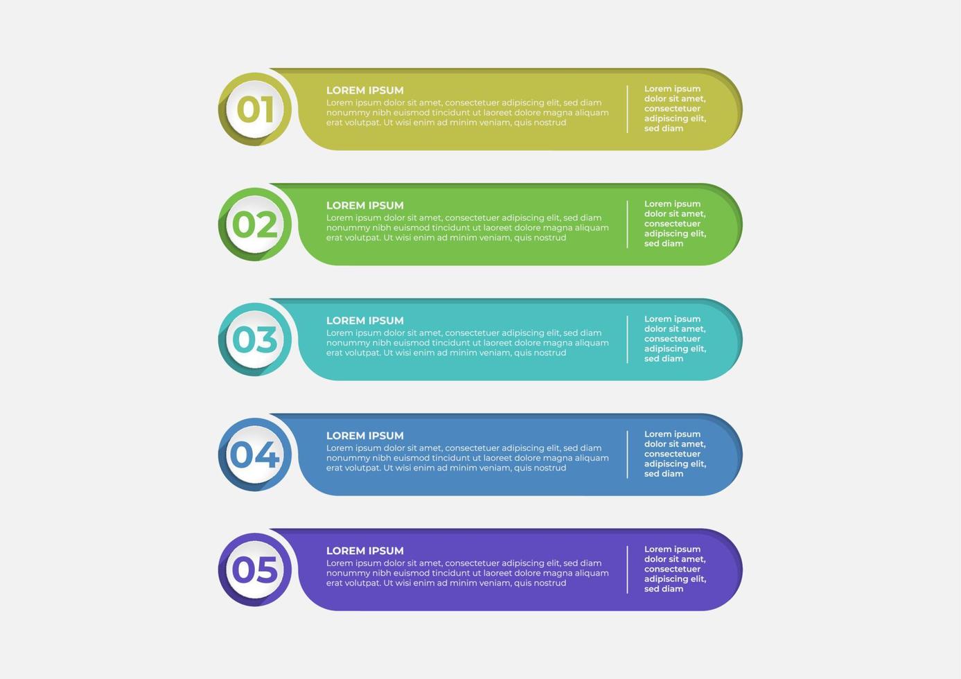 Creative presentation label design for infographics in 5 steps. Horizontal option banner. Graphic resource elements suitable for workflow, annual report, graph, layouts, brochure, business report. vector