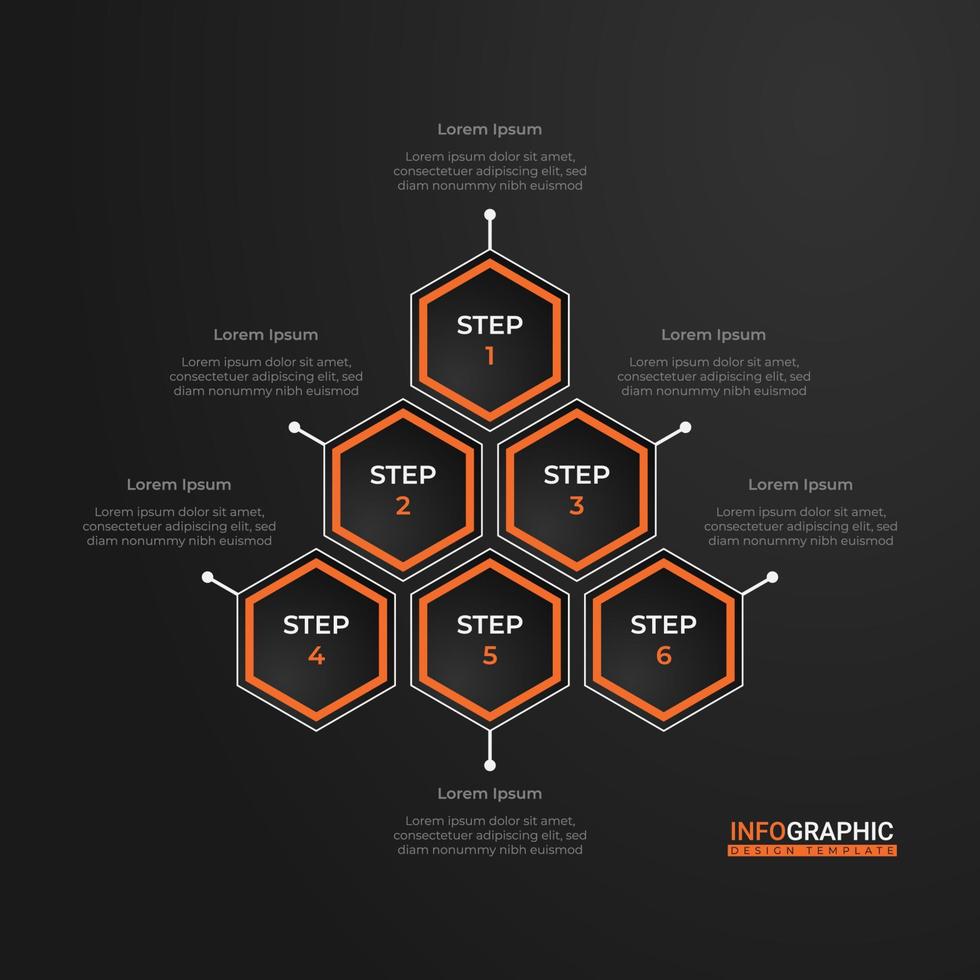 Trendy hexagonal options. Creative business presentation design for infographics in 5 steps. Elegant presentation design in black and orange. Cool graphic resource elements with beehive style vector