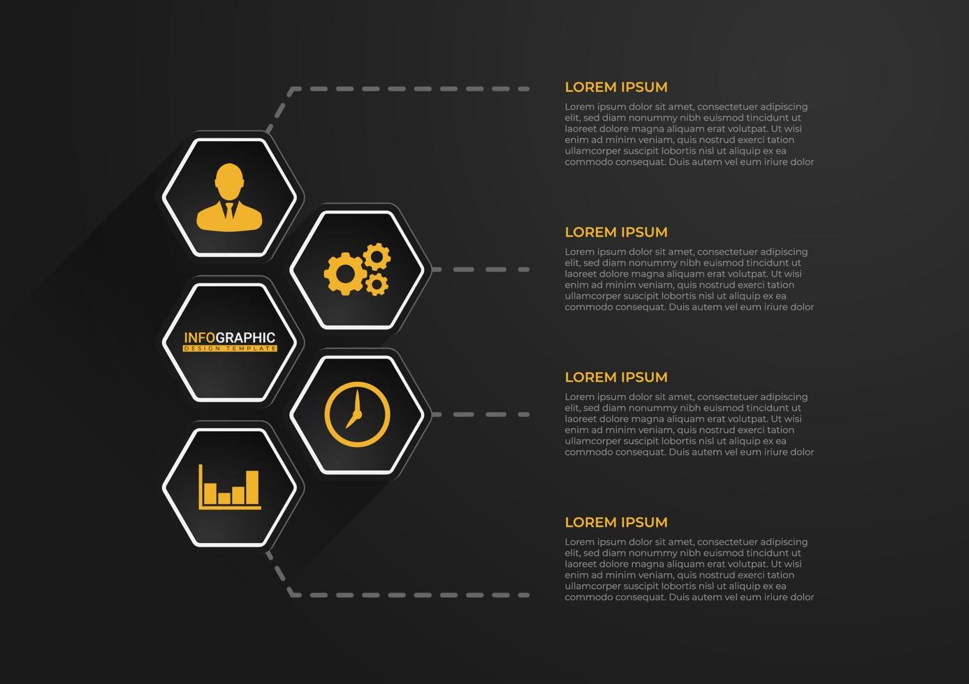 opciones hexagonales de moda. diseño de presentación de negocios creativos para infografías en 4 segmentos. infografía de negocios. elegante diseño de presentación en negro y amarillo. elementos geniales de recursos gráficos vector