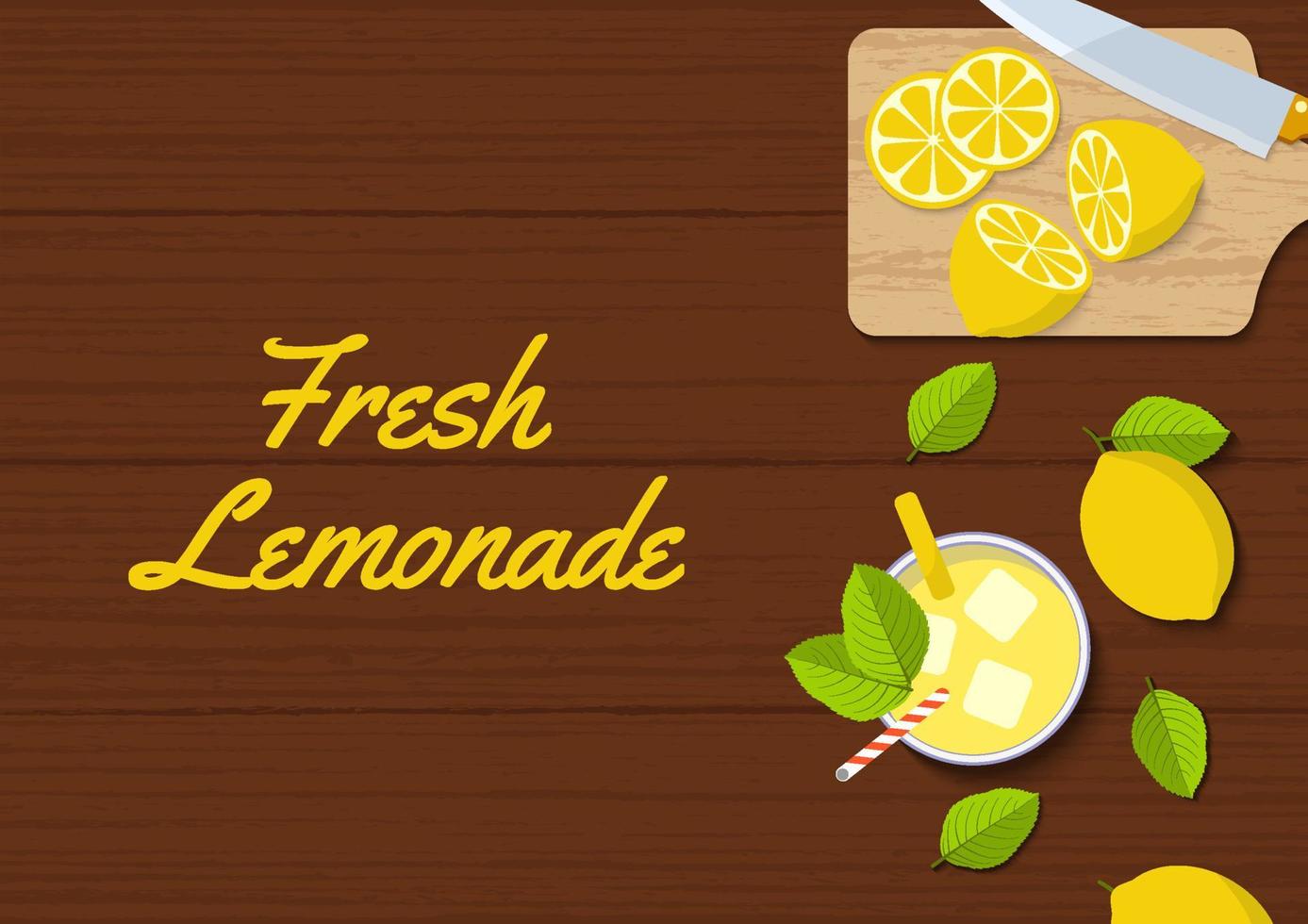 top view flat kitchen table design. fresh lemonade juice on wooden table from above with lemon fruit suitable for social media post, banner, flyer, restaurant or cafe menu list, and more vector