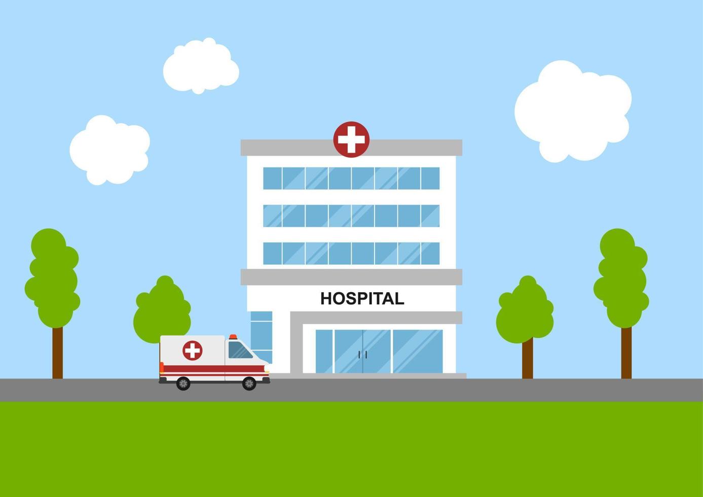 Illustration of medical concept with hospital building and ambulance in flat style. Suitable for infographic resources. vector