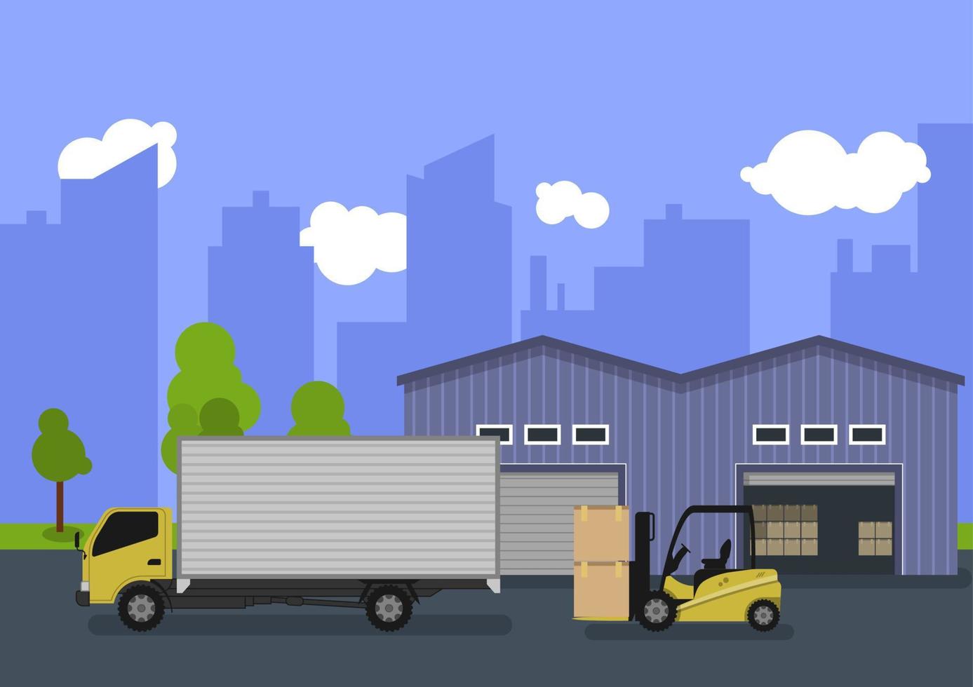 Illustration of a storage area with a warehouse building and a forklift. The flat illustration, design is suitable for graphic design resources vector