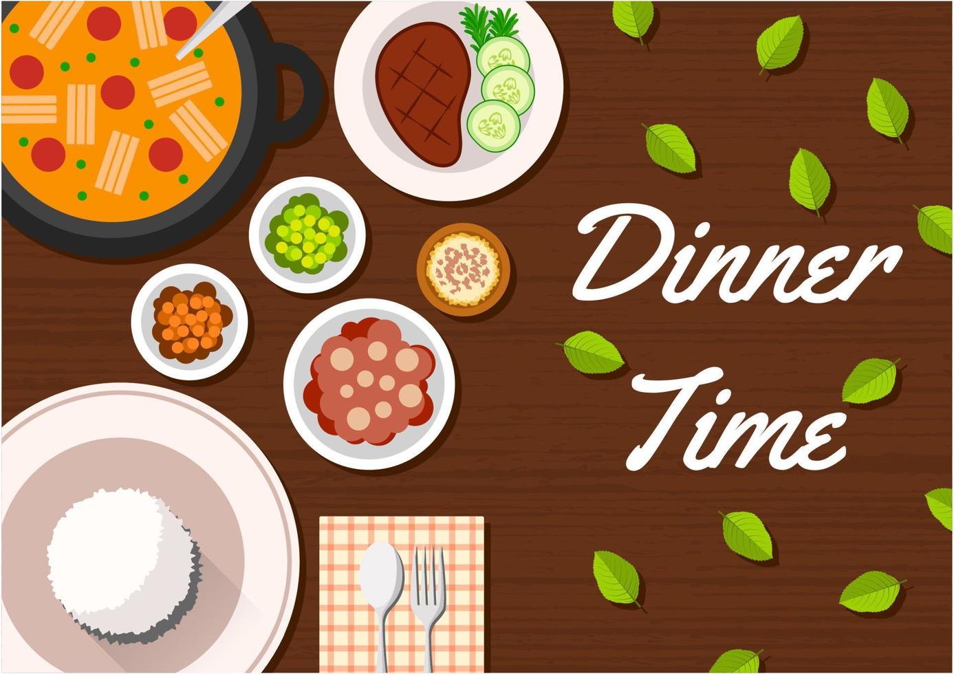 flat dinner time top view, suitable for banner, flyer, restaurant or cafe menu list, and more. flat design background. vector