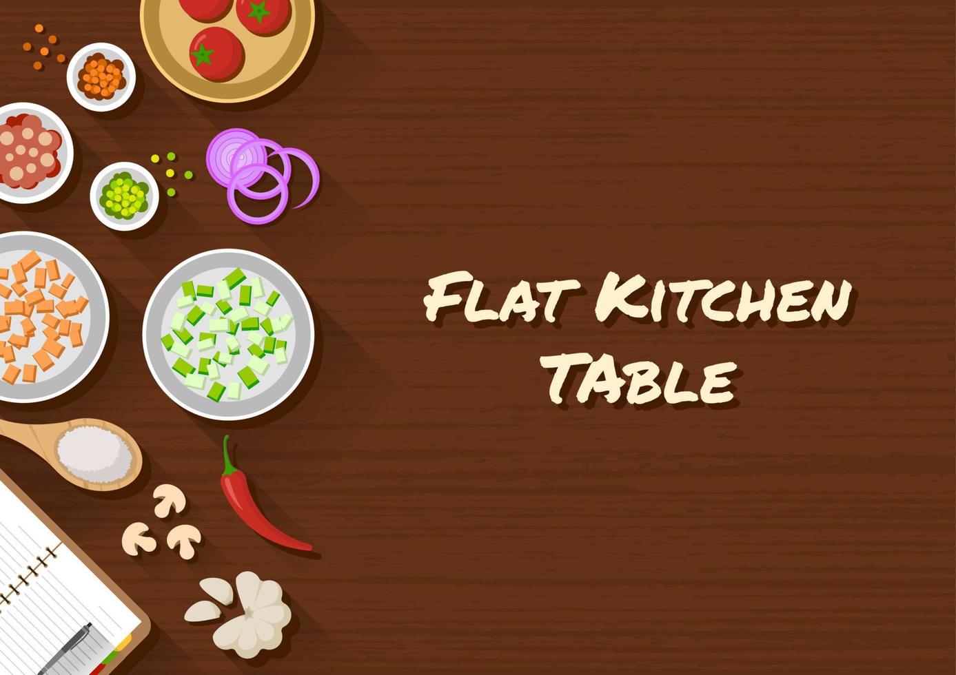 flat design of kitchen table top view. wooden kitchen table suitable for banner, flyer, restaurant or cafe menu list, and more. flat design background. vector