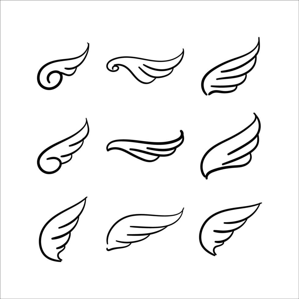 dibujar alas de ángel. colección aislada de alas dibujadas a mano. iconos vectoriales de fideos. vector de garabatos simple y minimalista.