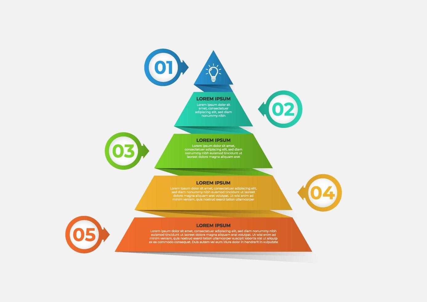 A pyramid-shaped modern timeline infographic template divided into five parts. Vector business template for presentations. Suitable for brochures, workflows, annual reports, charts, layouts