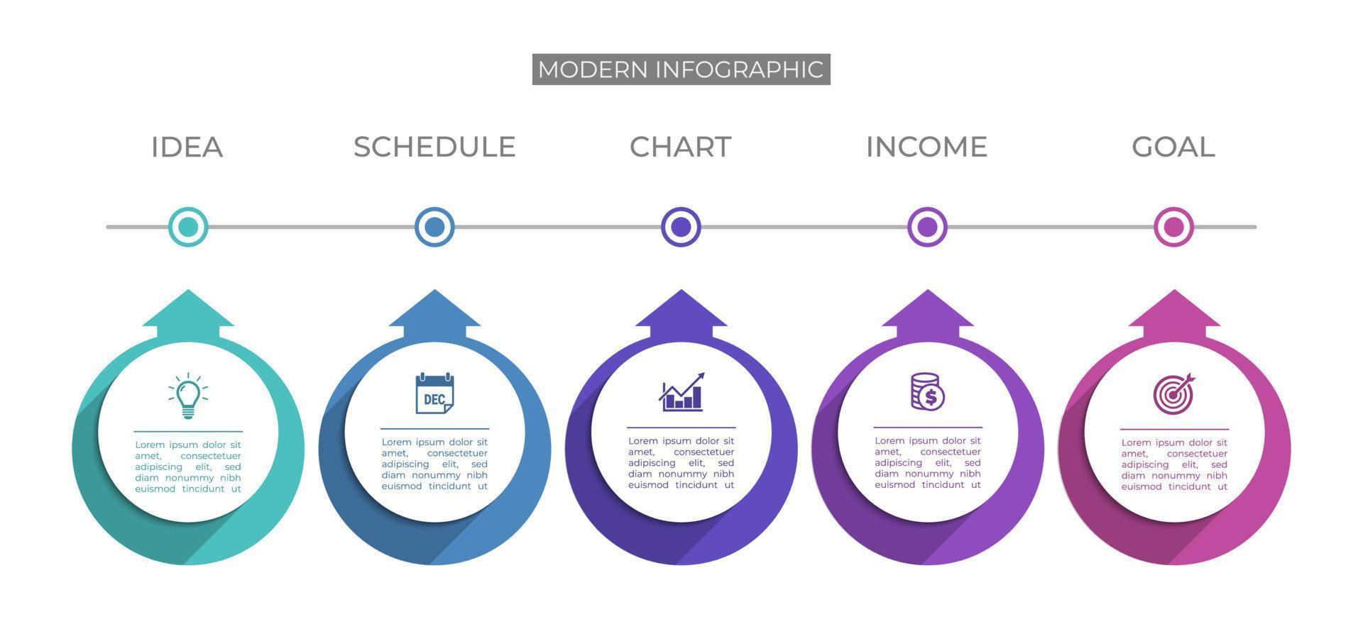 Modern infographics template. Presentation business infographic with 5 sections. Vector design for brochure, diagram, schedule, workflow, web design, annual report.