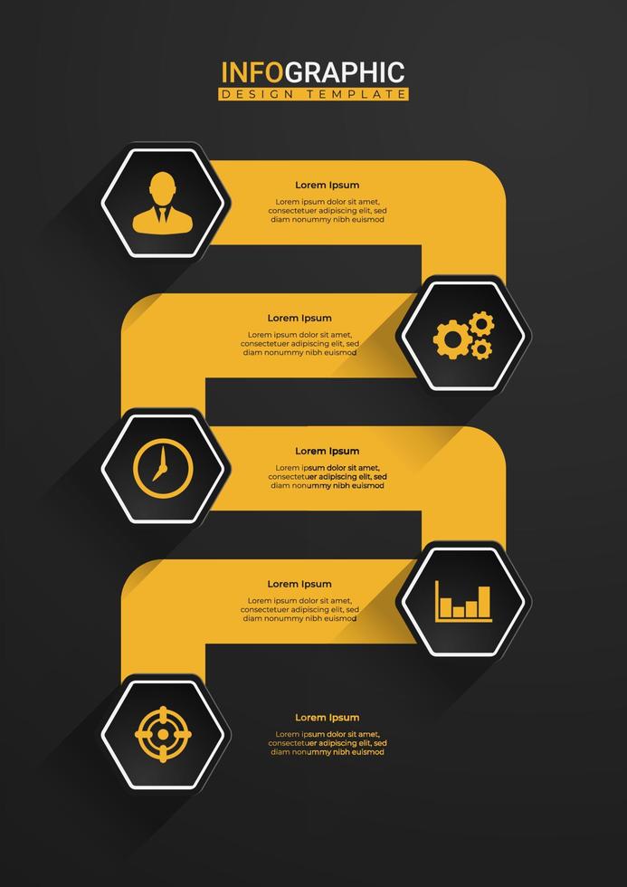 Hexagonal options with bold paths and icons. Creative business presentation design for infographics in 5 steps. Elegant presentation design in black and yellow. vector