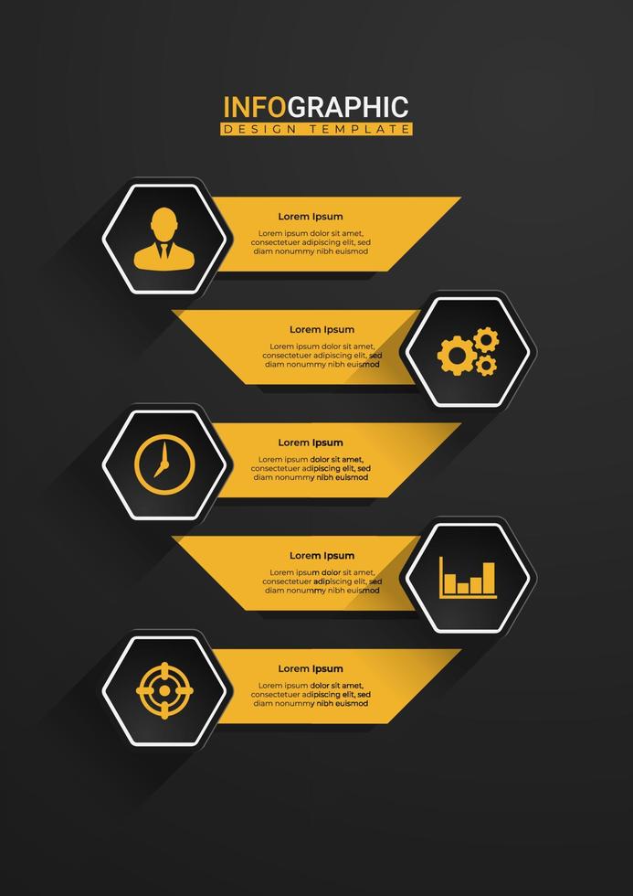 Trendy hexagonal options with icons. Creative business presentation design for infographics in 5 steps. Elegant presentation design in black and yellow. Cool graphic resource elements vector