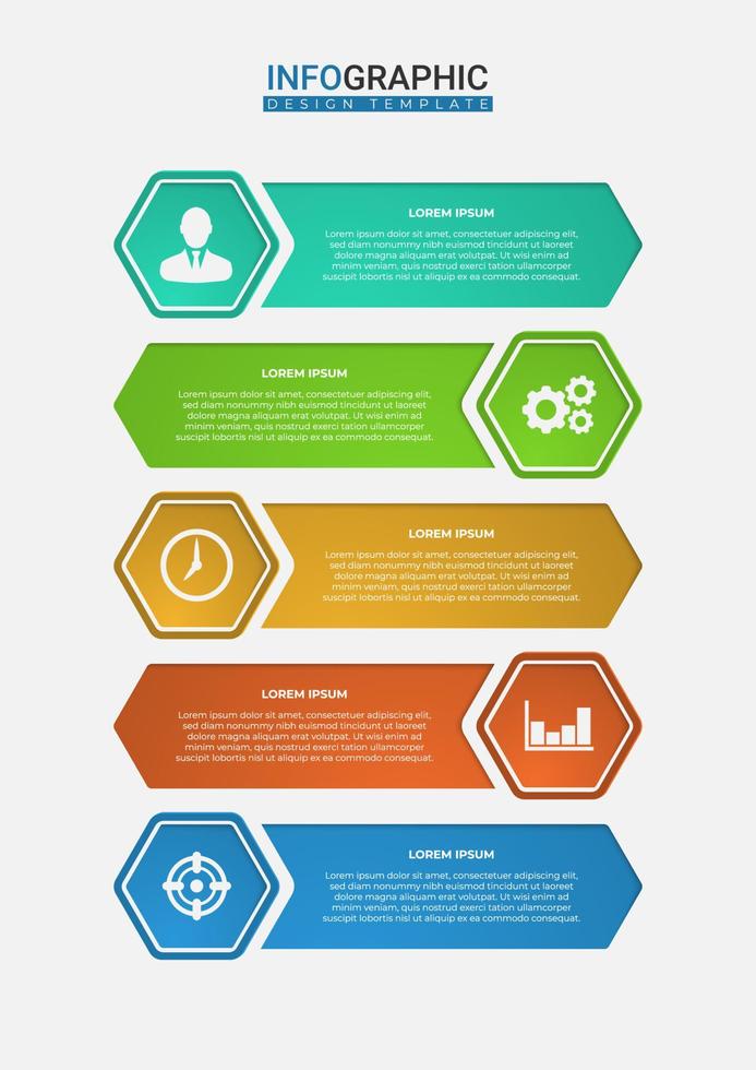 opciones hexagonales de moda. Diseño creativo de presentaciones comerciales para infografías en 5 pasos. elementos de recursos gráficos adecuados para flujo de trabajo, informe anual, gráfico, diseños, folleto, informe comercial. vector