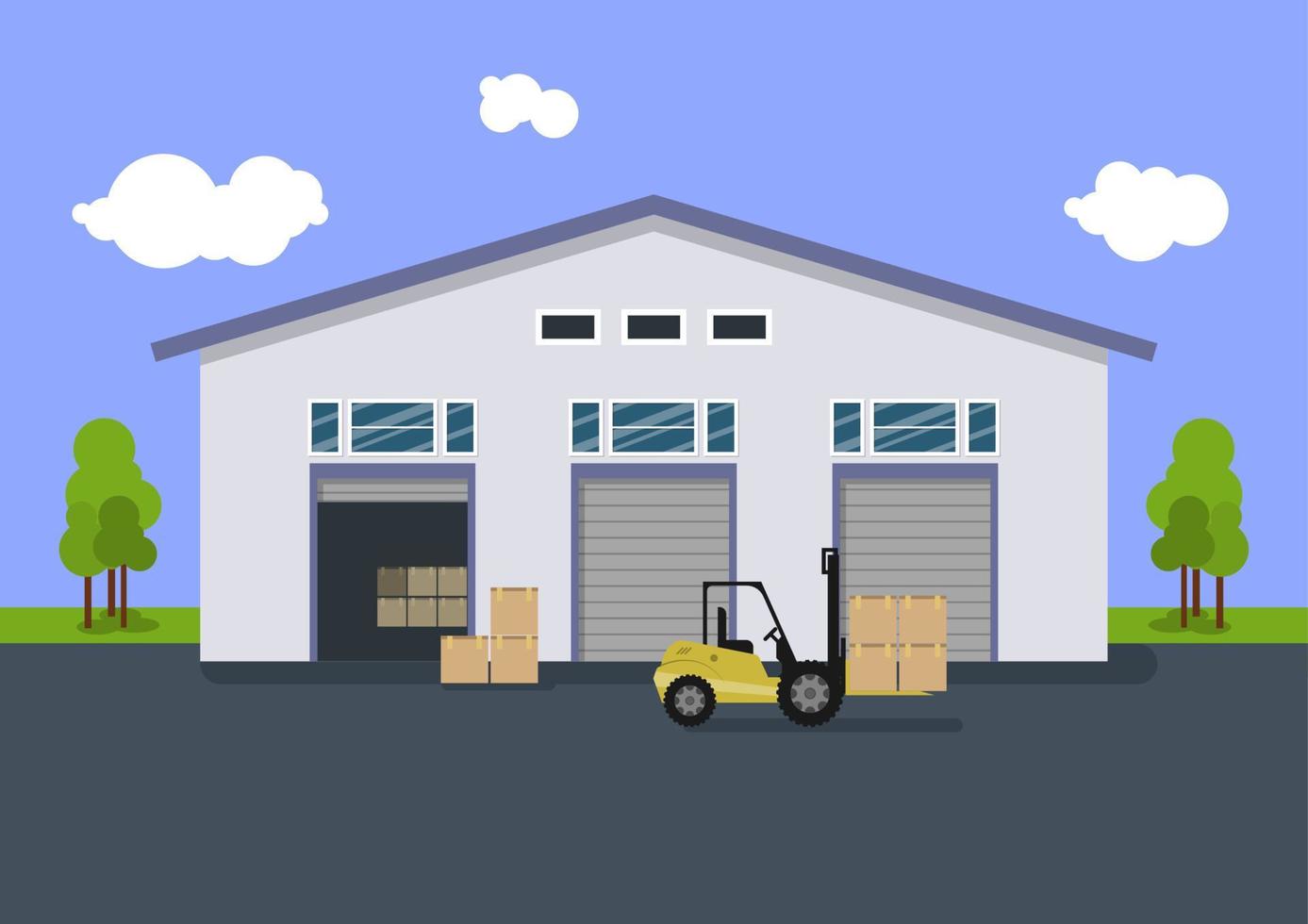 Illustration of a storage area with a warehouse building and a forklift. The flat illustration, design is suitable for graphic design resources vector