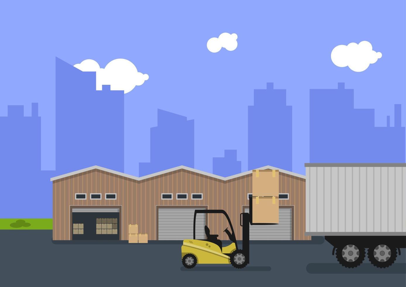 Illustration of a storage area with a warehouse building and a forklift. The flat illustration, design is suitable for graphic design resources vector