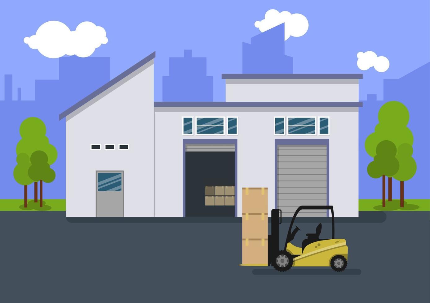 ilustración de un área de almacenamiento con un edificio de almacén y una carretilla elevadora. la ilustración plana, el diseño es adecuado para los recursos de diseño gráfico vector