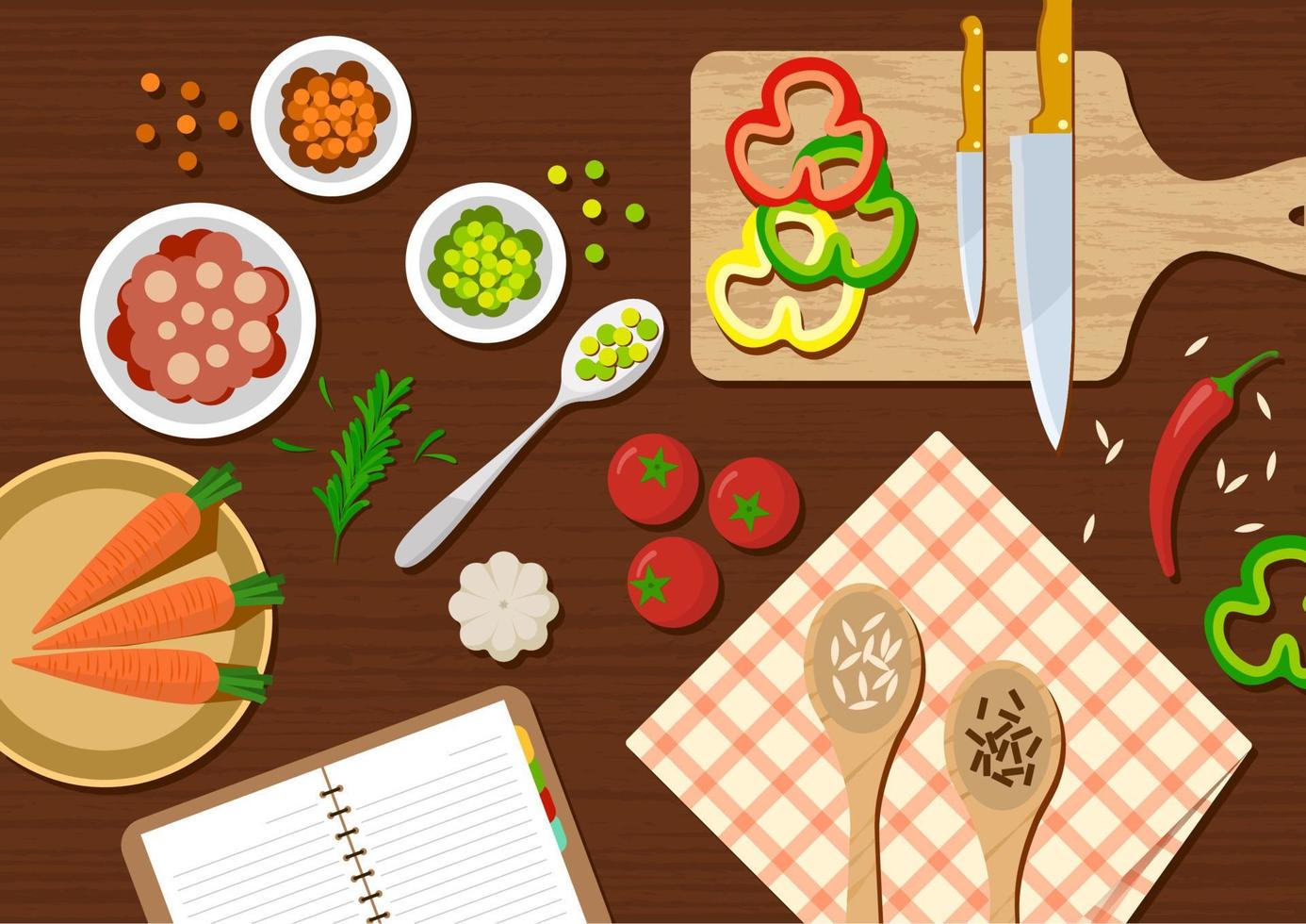 flat kitchen table for cooking suitable for banner, flyer, restaurant or cafe menu list, and more. flat design background. vector