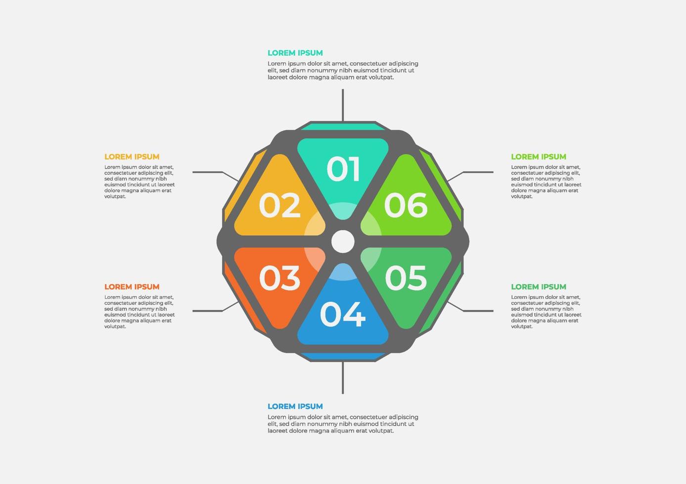 plantilla infográfica de gráfico circular moderno con 6 opciones. plantilla de negocio vectorial para presentación. concepto creativo para infografía. adecuado para folleto, flujo de trabajo, informe anual, gráfico, diseños vector