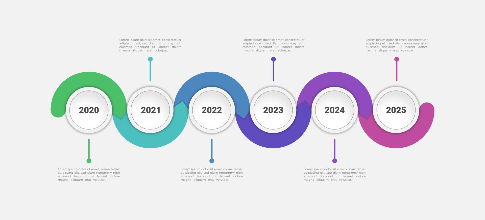 plantilla de infografía empresarial abstracta con 6 círculos en diagramas de línea de tiempo. diseño de etiquetas de presentación creativa para infografías. vector