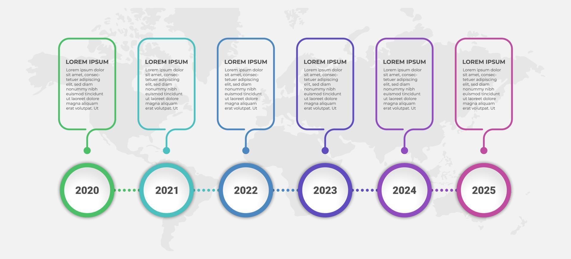 Abstract business infographic template with 6 steps on timeline diagrams. Creative presentation label design for infographics with world map background vector