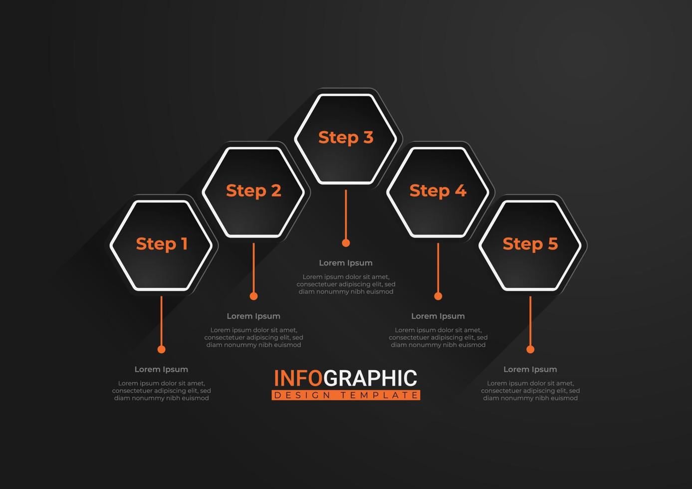 Trendy hexagonal options. Creative business presentation design for infographics in 5 steps. Elegant presentation design in black and orange. Cool graphic resource elements vector