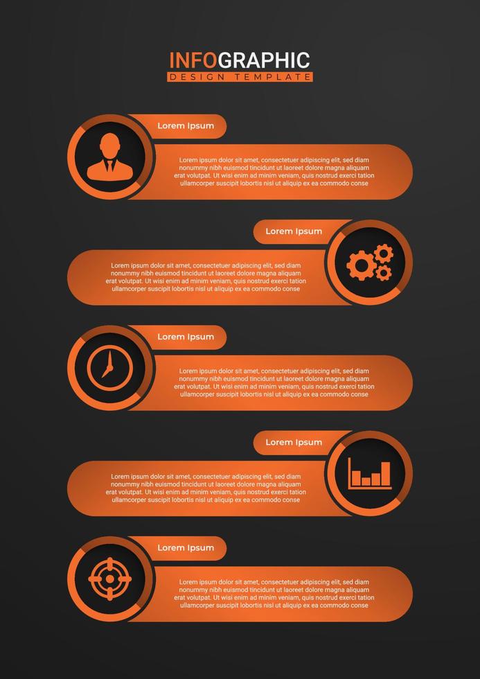 Creative business presentation design for infographics in 5 steps. Elegant presentation design in black and orange. Cool graphic resource elements vector