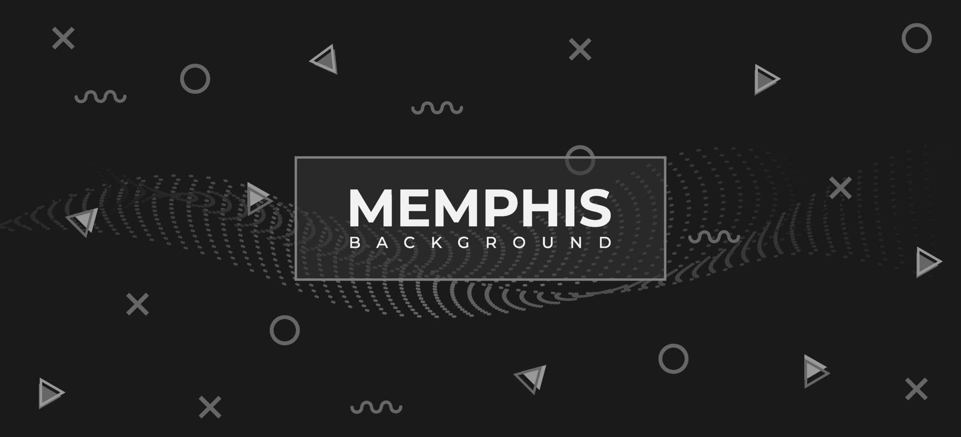 Dark Memphis background. Trendy geometric shapes and other elements. Applicable for brochure, cover, banner, web, social media post, music festival, sale banner. vector