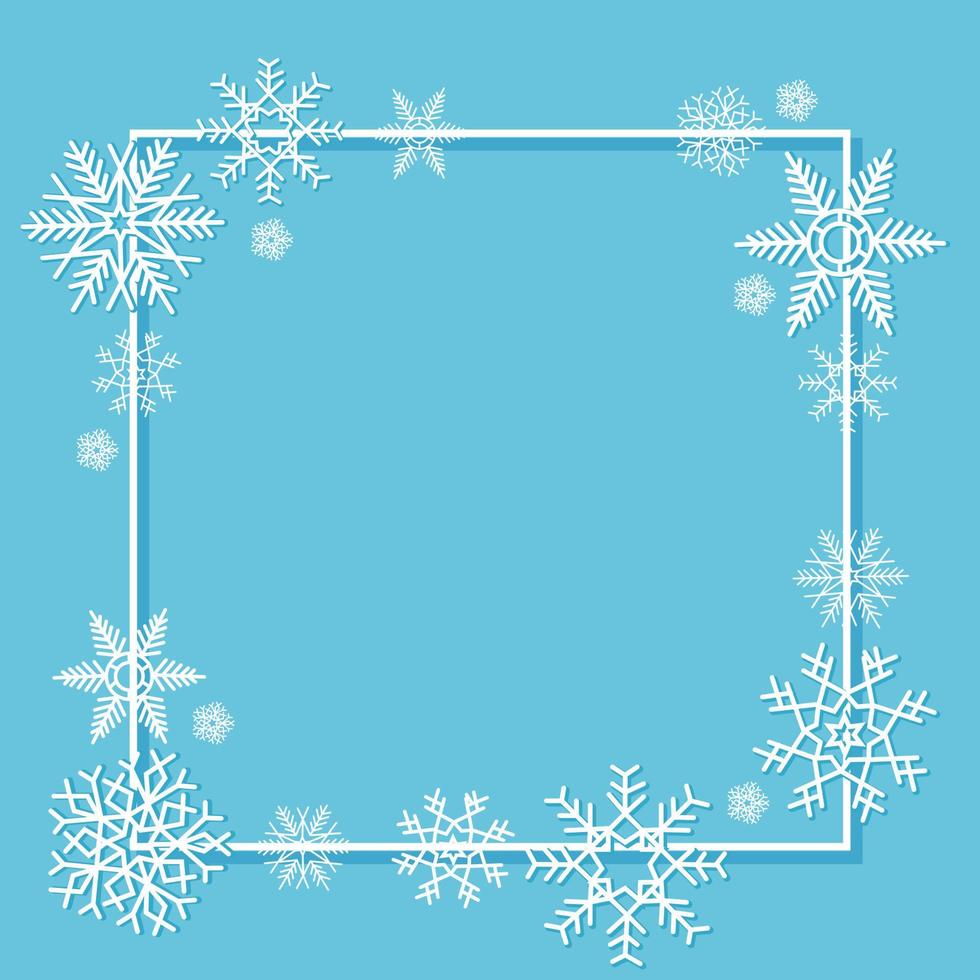 copos de nieve blancos en un marco sobre un fondo azul. vector