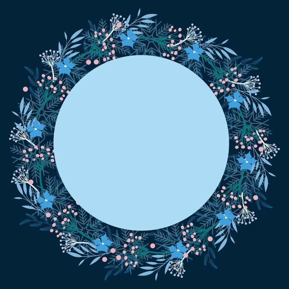 una tarjeta de año nuevo, con hojas y flores en tonos azules. vector