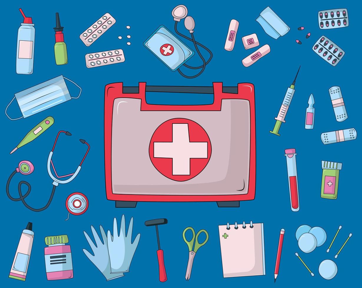 First aid kit suitcase with medical equipment. vector