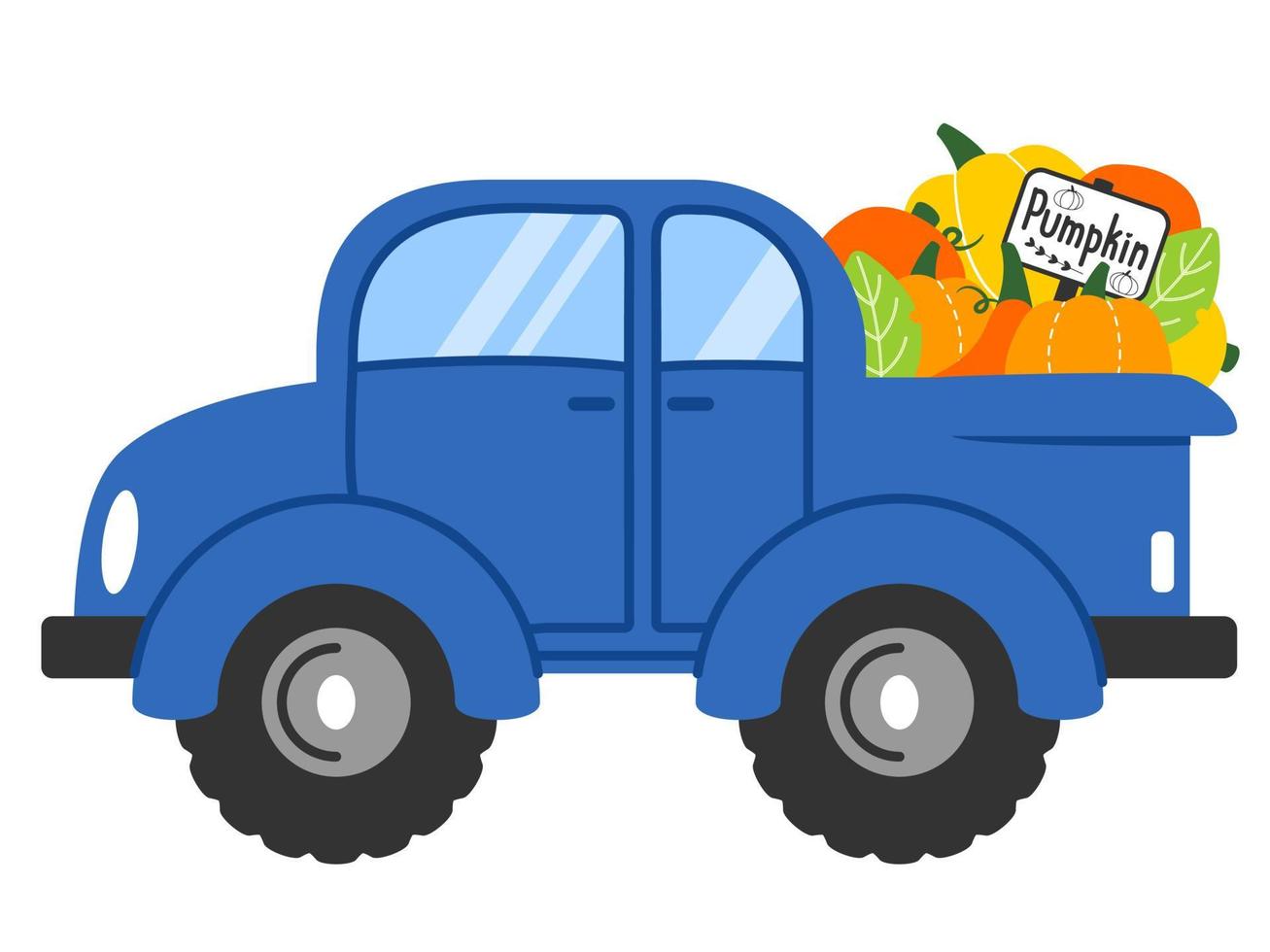 Pumpkins for sale in the back of a pickup truck. Harvest transportation. Vegetable harvest season. Cartoon style vector illustration suitable for posters, stickers, banners, cards, etc.