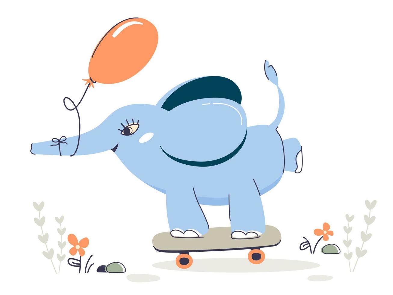 A blue elephant with a balloon rides a skateboard. Image for postcard, sticker. vector