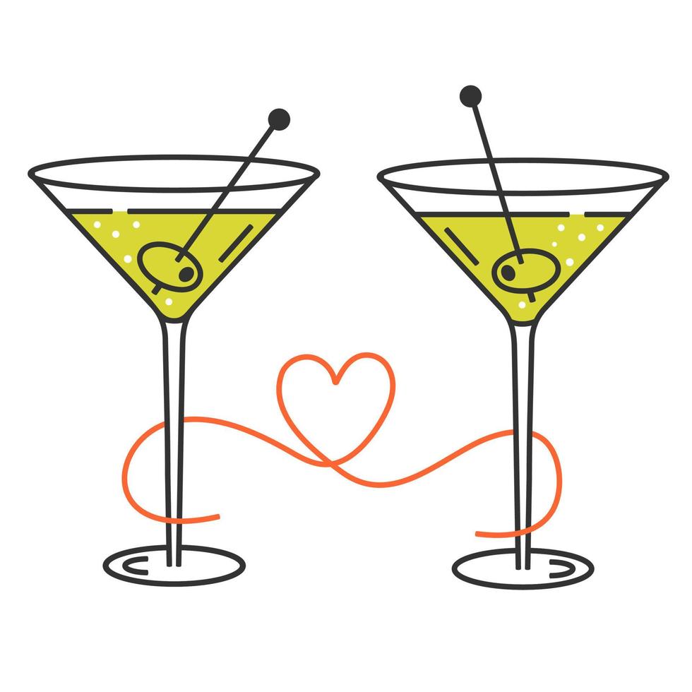 Two glasses with martini and olive. Ribbon with a heart. Vector isolated image in line art style