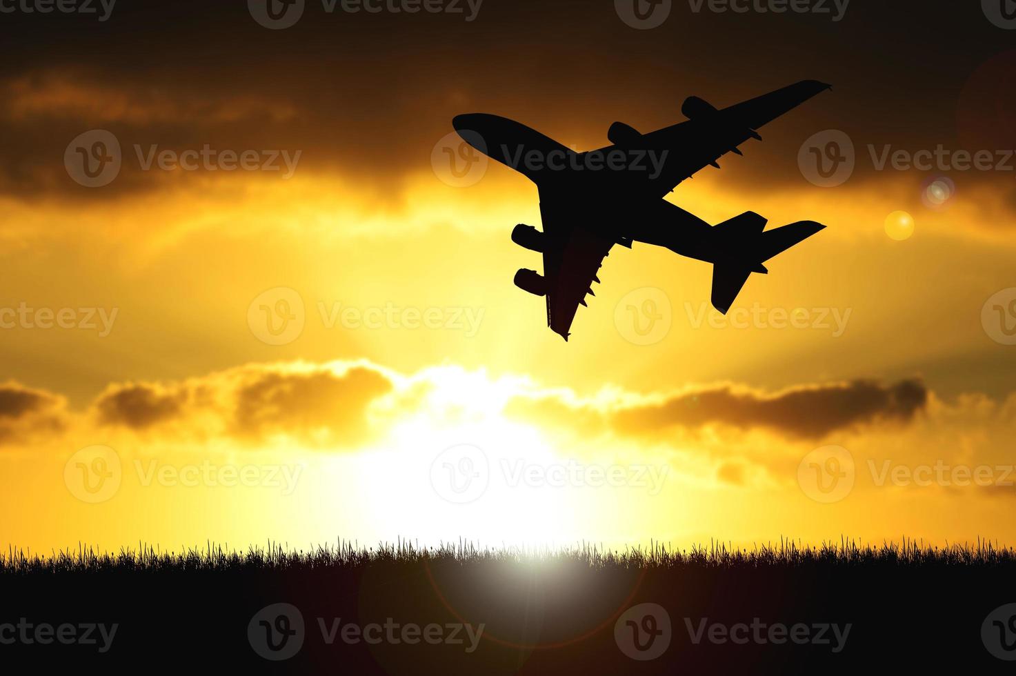 Silhouette of a passenger plane taking off from the airport in the evening. photo