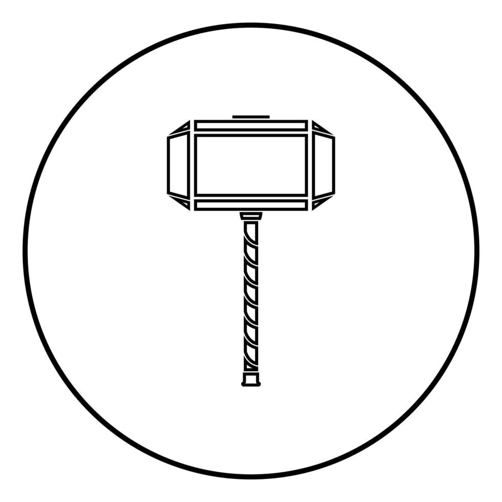 Thor's hammer Mjolnir icon outline black color vector in circle round illustration flat style image