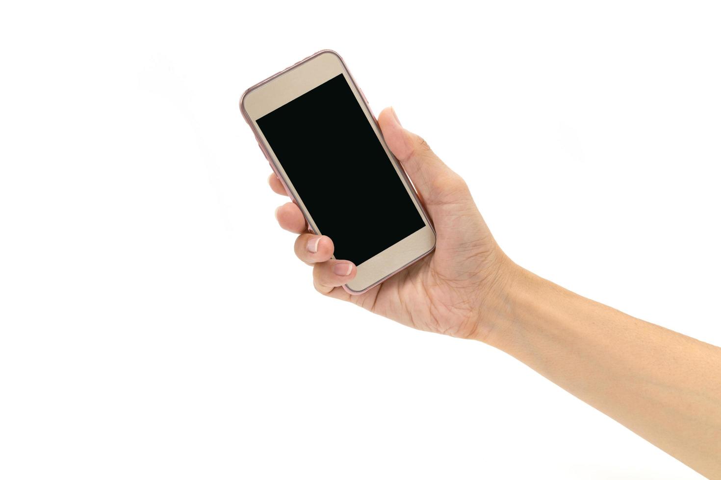 man hand holding smartphone on white background photo