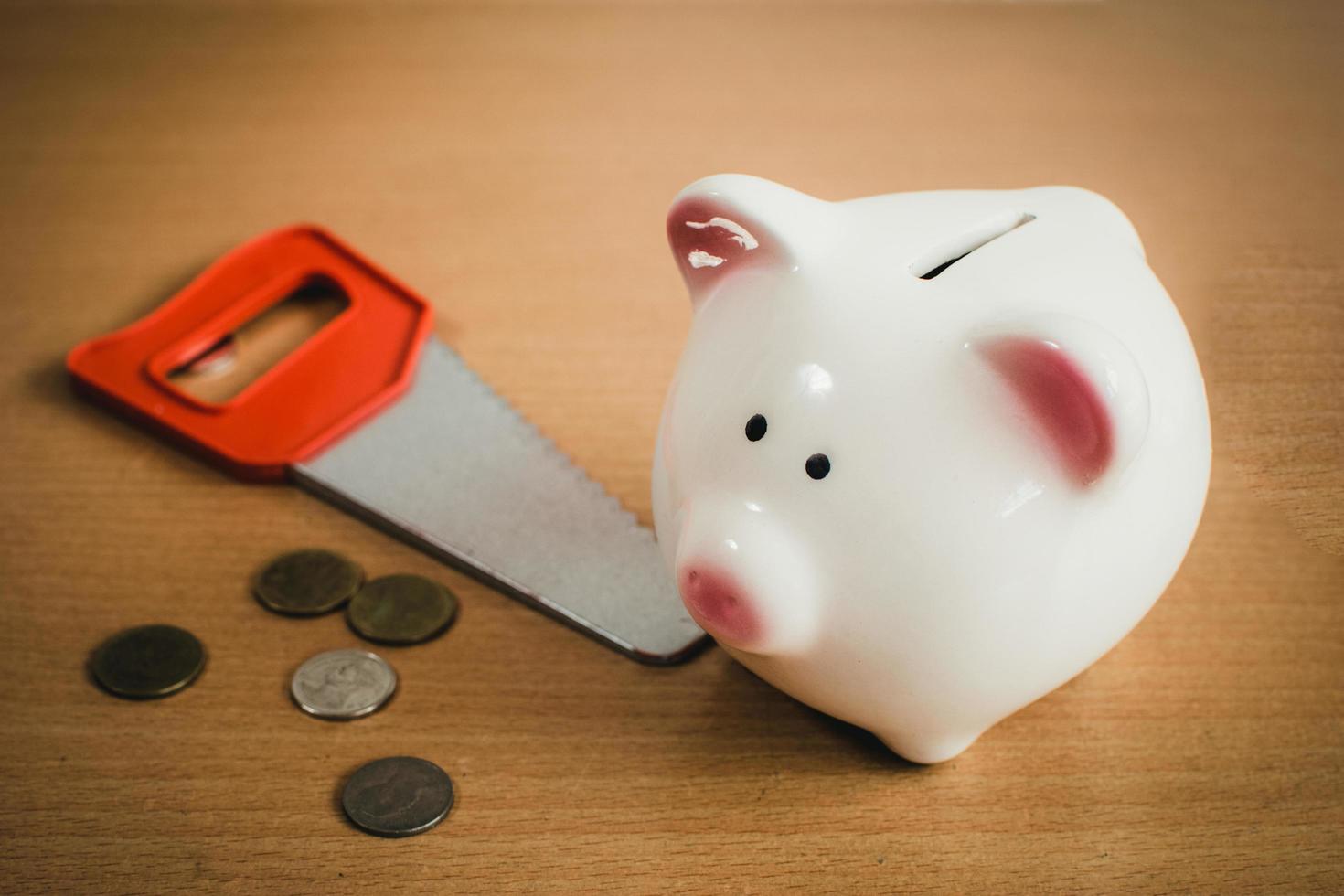 Little boy breaking a piggy bank photo