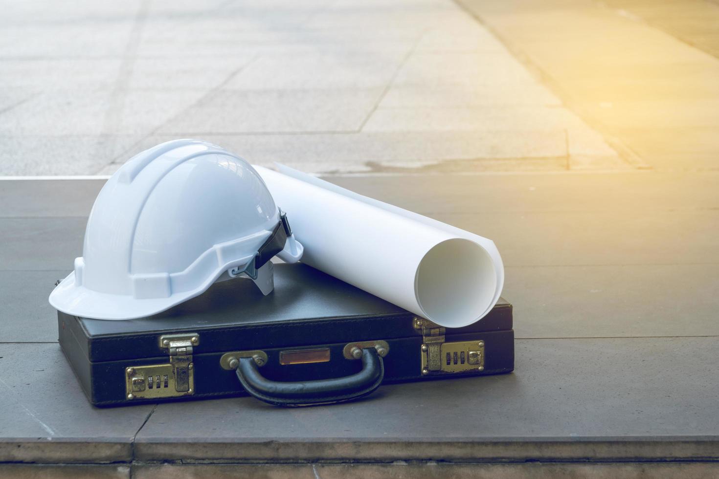 Safety helmet with architectural blueprint photo