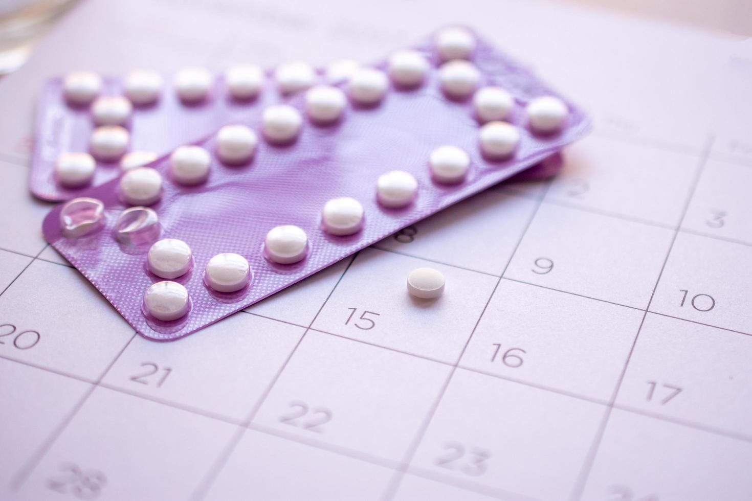 birth-control pill with date of calendar background, health care and medicine concept photo