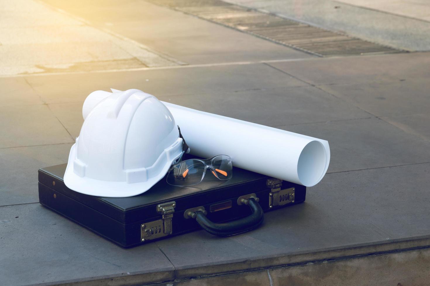 Safety helmet with architectural blueprint photo