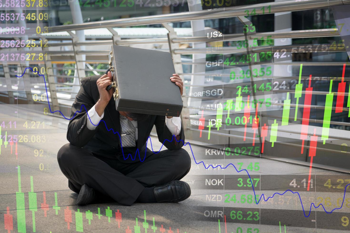 Businessman is disappointed from losing in stock exchange, economic crisis concept photo