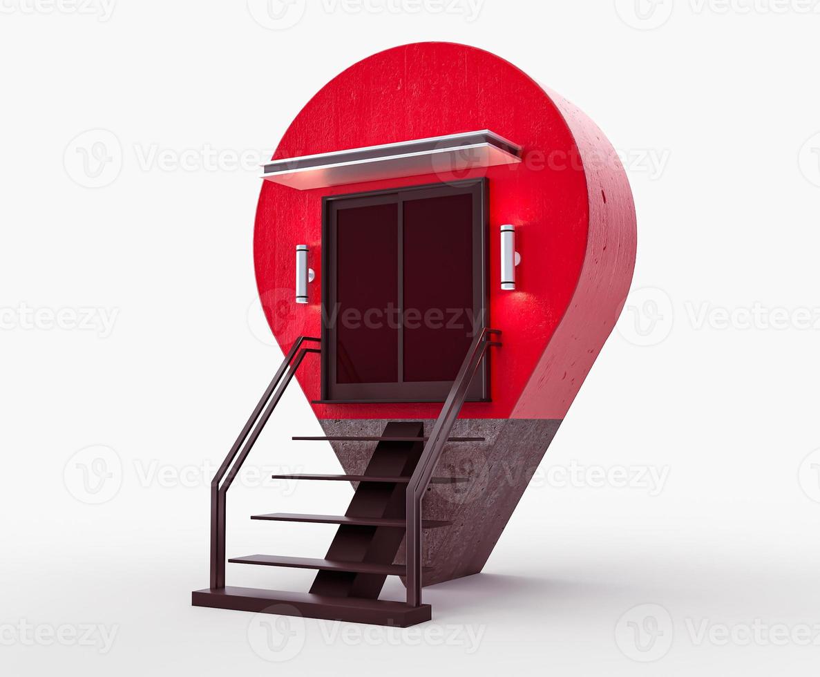 Navigator pin locator. Red concreate stairs light empty space Creative GPS map pointer. Geolocation sign isolated on white background. shop, market, outlet store 3D illustration photo